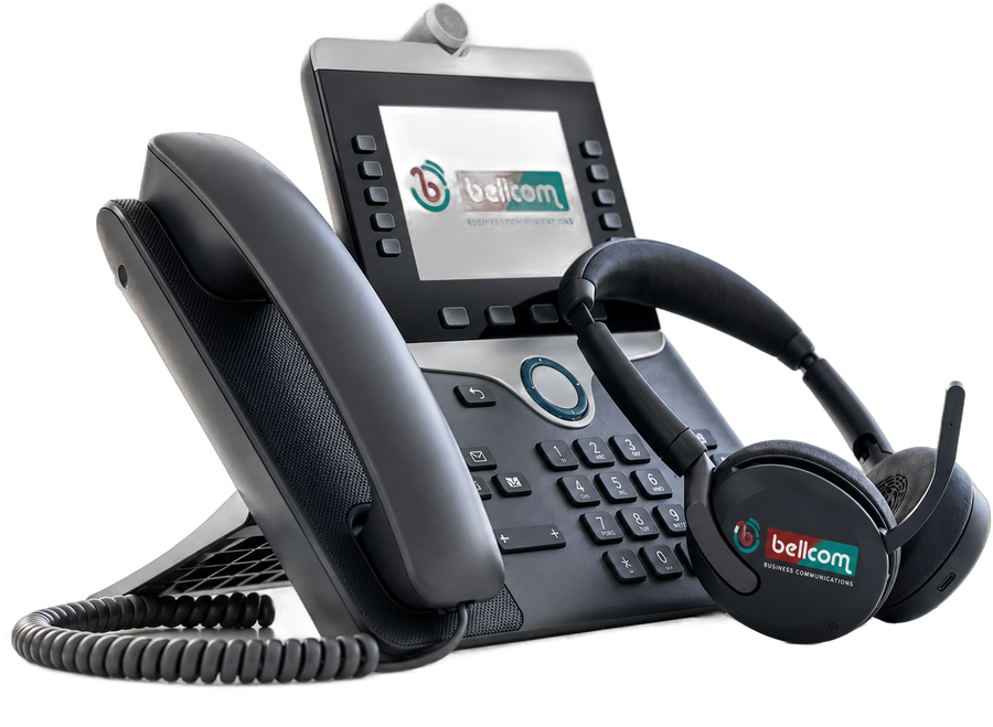 Bellcom VoIP desk phone and wireless headset, both showing the Bellcom logo